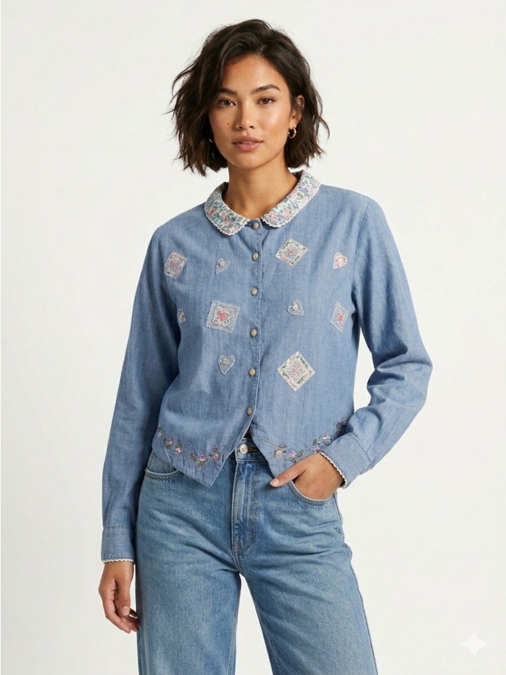 Bill Blass 90s Cottagecore Floral Lace Collar Chambray Blouse Blue Size L
